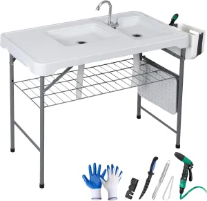 Folding Fish Cleaning Table Portable Camping Sink with Faucet, Portable 42.5" Camping Table Outdoor Fillet Station Grid Rack,Knife Groove for Picnic Fishing, White