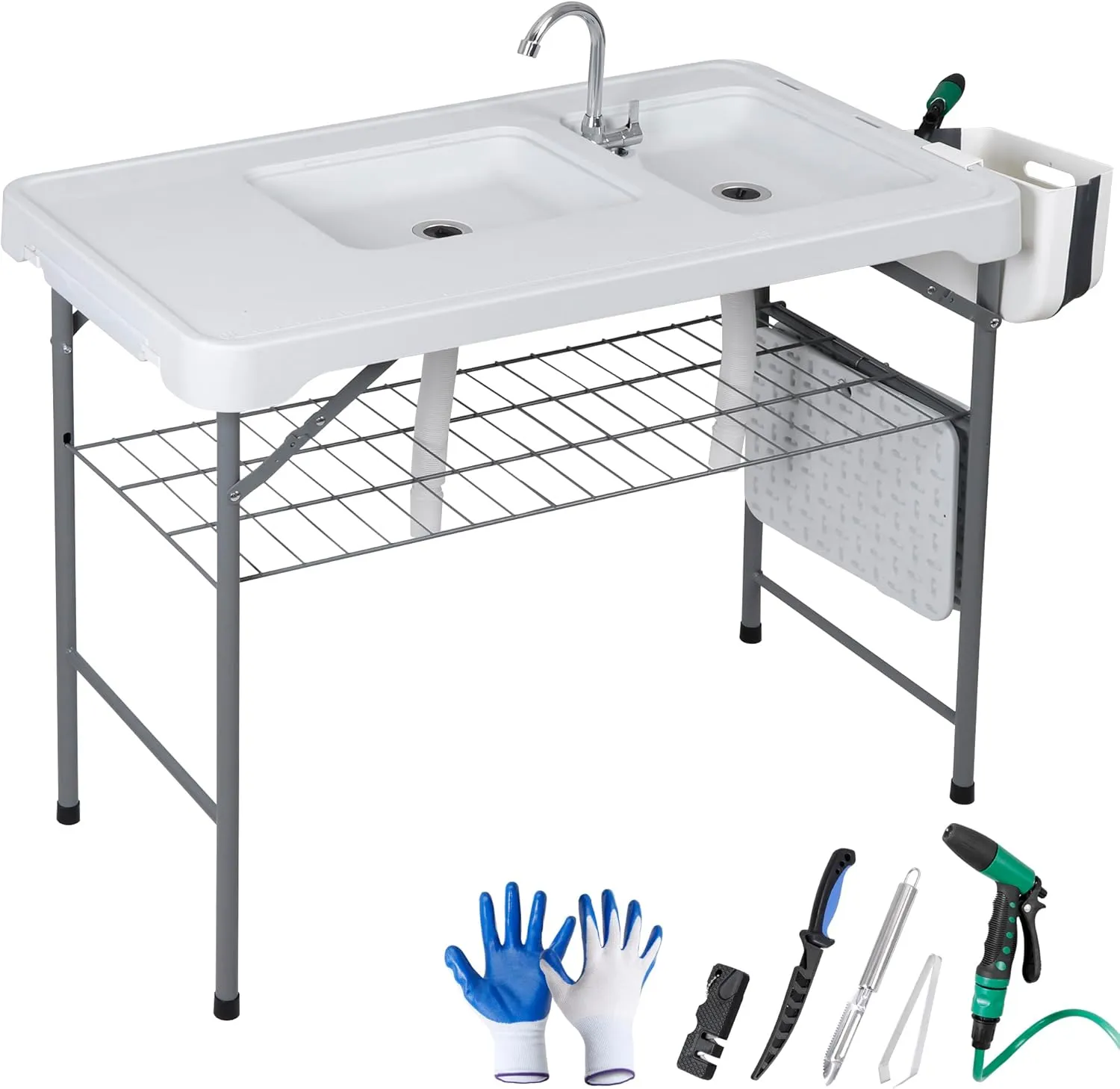 Folding Fish Cleaning Table Portable Camping Sink with Faucet, Portable 42.5" Camping Table Outdoor Fillet Station Grid Rack,Knife Groove for Picnic Fishing, White
