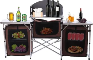 Folding Grill Table Camping Kitchen Station with 26'' Tabletop, 2 Side Tables and Detachable Windscreen, Folding Outdoor Cooking Table for Picnics BBQ RV Traveling, Brown