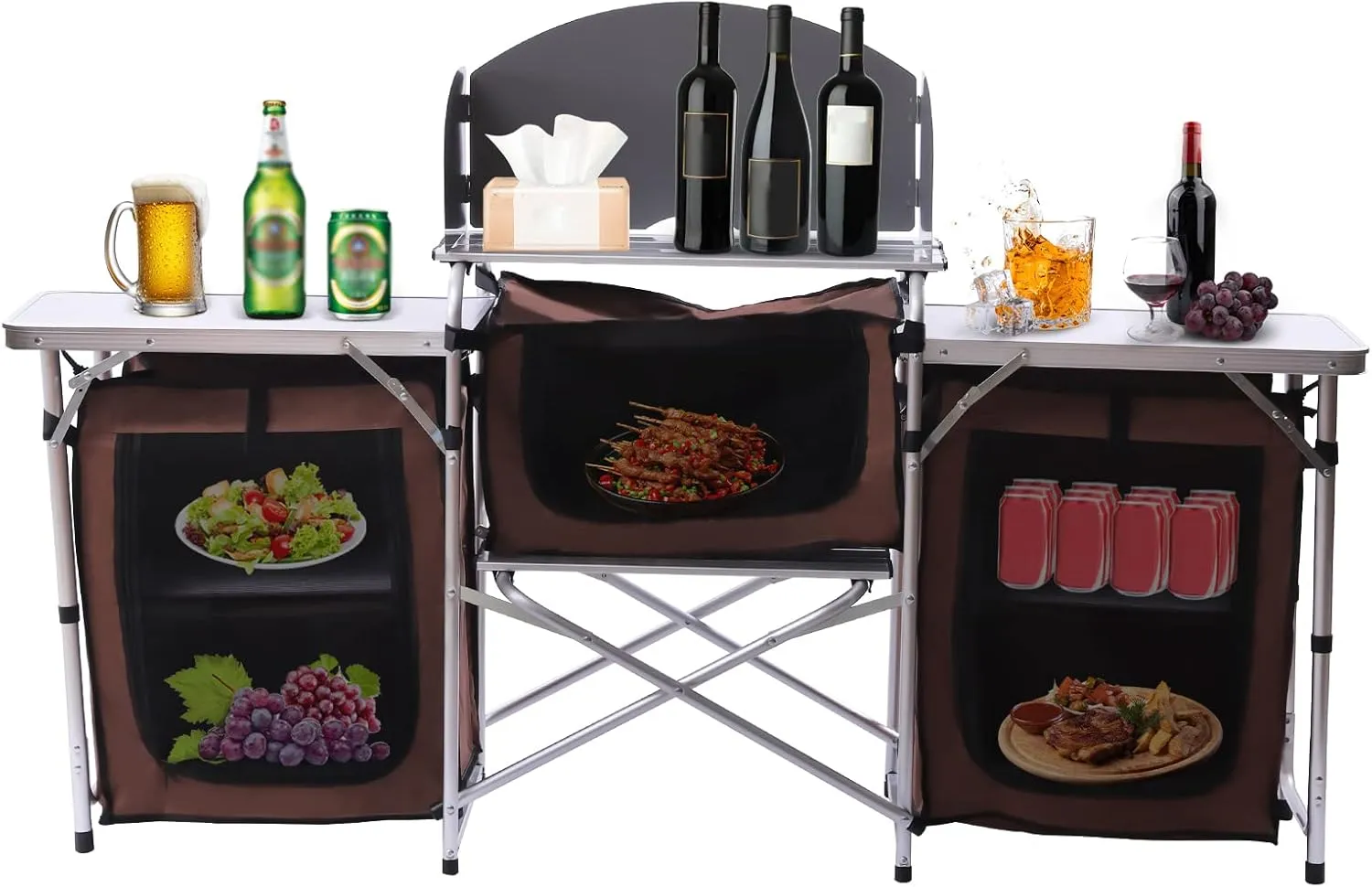 Folding Grill Table Camping Kitchen Station with 26'' Tabletop, 2 Side Tables and Detachable Windscreen, Folding Outdoor Cooking Table for Picnics BBQ RV Traveling, Brown