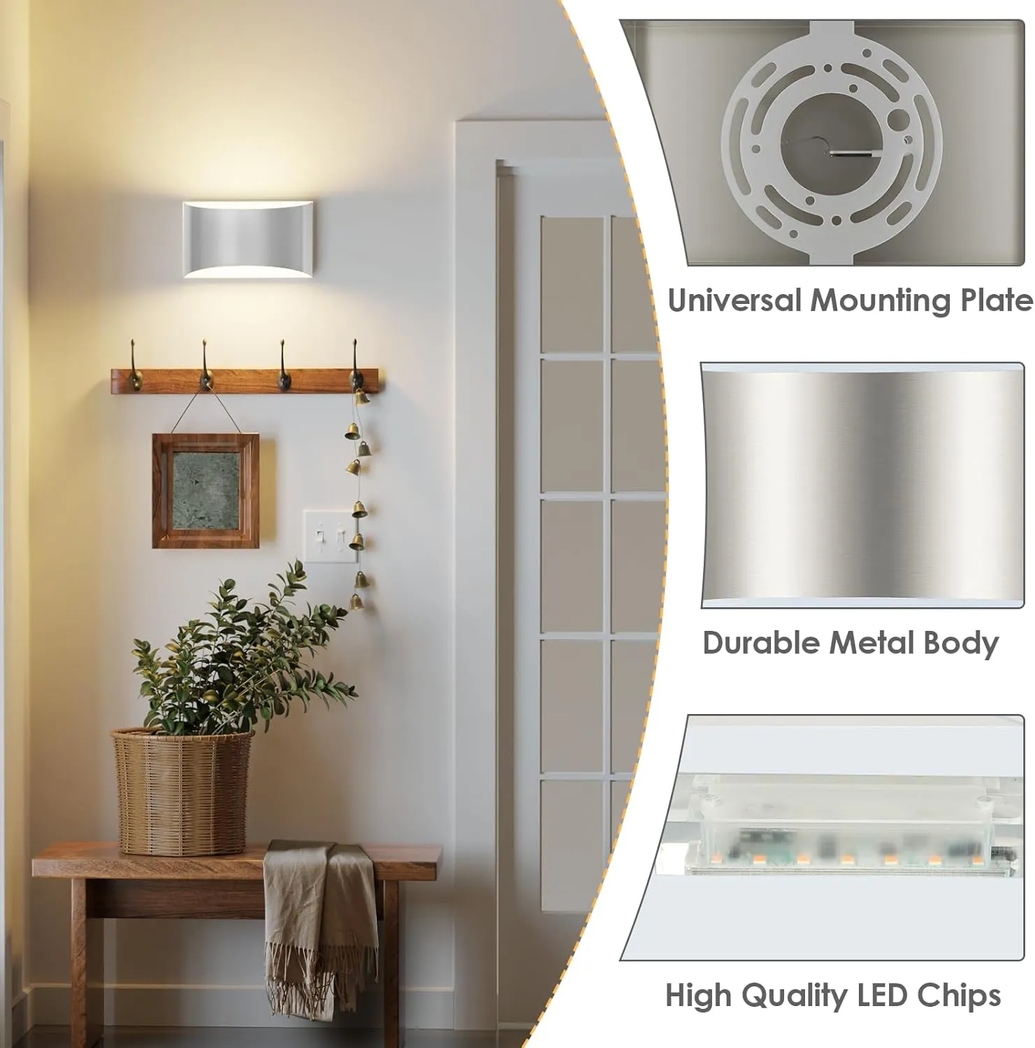 FOLKSMATE Modern LED Wall Sconces, 3000K Warm White Wall Lights Set of 2, 10W Up and Down Mount Light, Sliver Hardwired Indoor Sconces Lighting Lamp for Bedroom Bedside Hallway Living Room