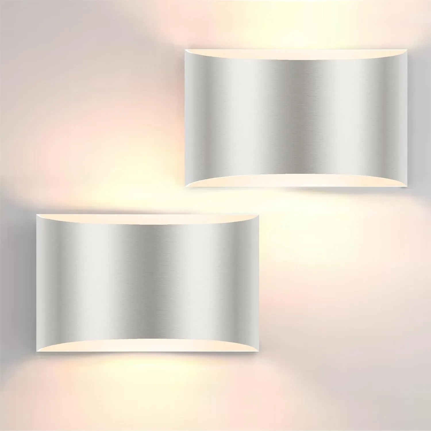 FOLKSMATE Modern LED Wall Sconces, 3000K Warm White Wall Lights Set of 2, 10W Up and Down Mount Light, Sliver Hardwired Indoor Sconces Lighting Lamp for Bedroom Bedside Hallway Living Room