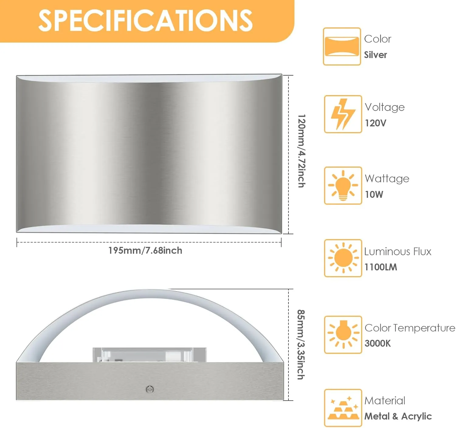 FOLKSMATE Modern LED Wall Sconces, 3000K Warm White Wall Lights Set of 2, 10W Up and Down Mount Light, Sliver Hardwired Indoor Sconces Lighting Lamp for Bedroom Bedside Hallway Living Room