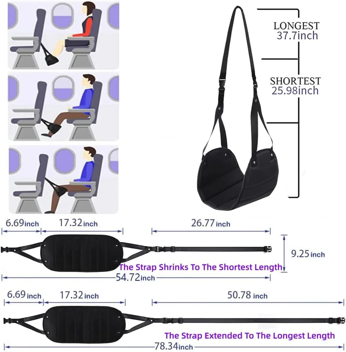 Foot Rest,Airplane Footrest Made with Premium Memory Foam,Portable Travel Essentials Footrest Flight Carry-On Airplane Sling,Adjustable Height Foot Leg Rest Travel Accessories Footrests Hammock,Black