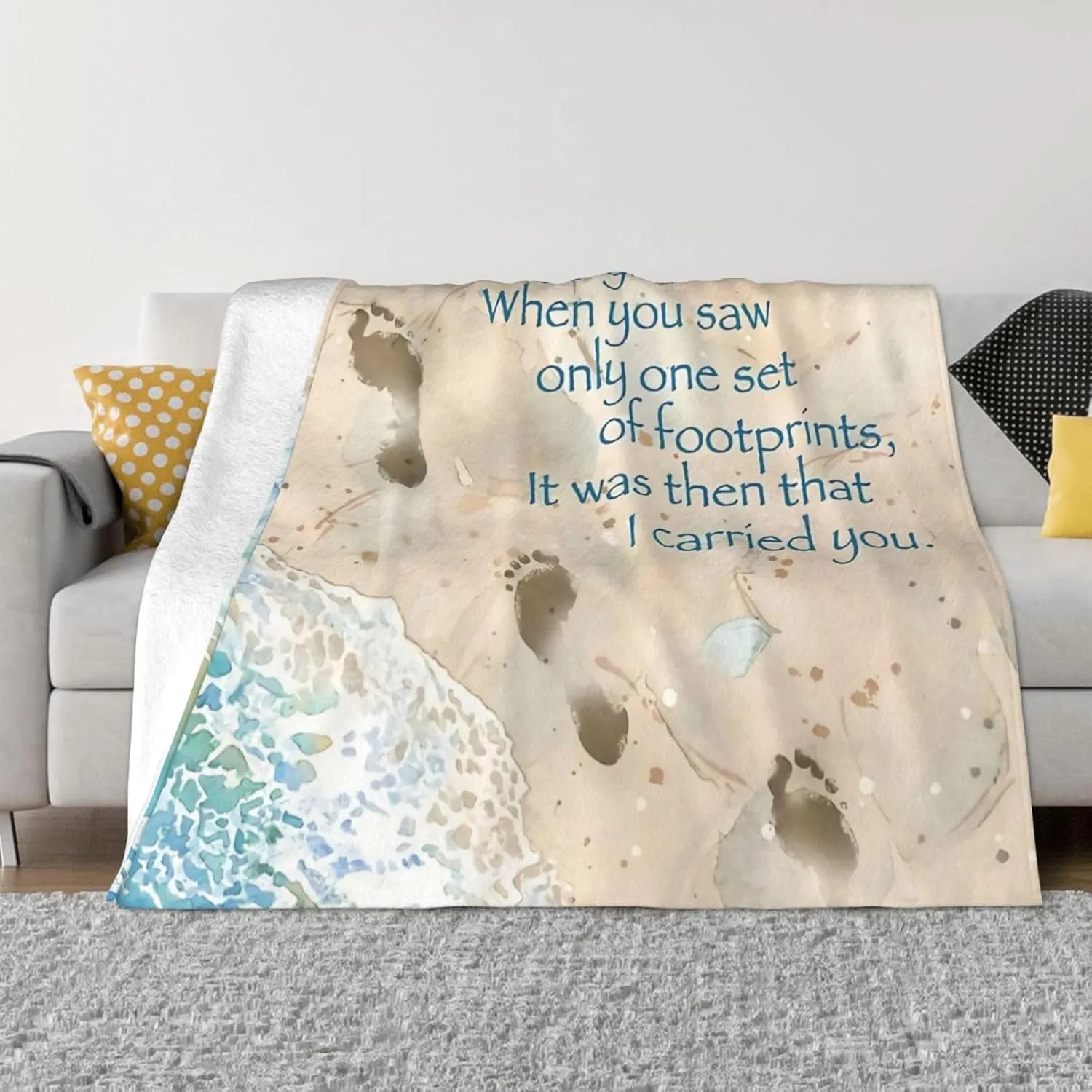 Footprints in The Sand with Quote 60"X50" Flannel Blanket - 100% Soft Polyester, Lightweight and Warm, Suitable for Families, Camping, Travel