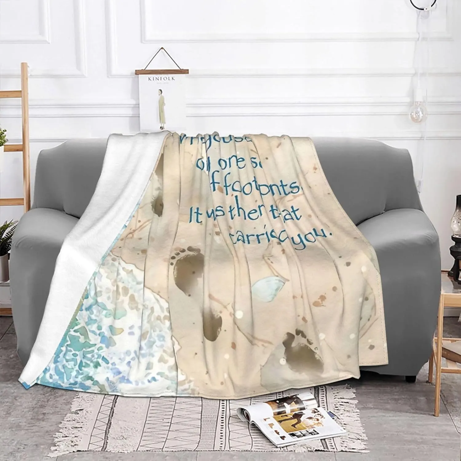 Footprints in The Sand with Quote 60"X50" Flannel Blanket - 100% Soft Polyester, Lightweight and Warm, Suitable for Families, Camping, Travel