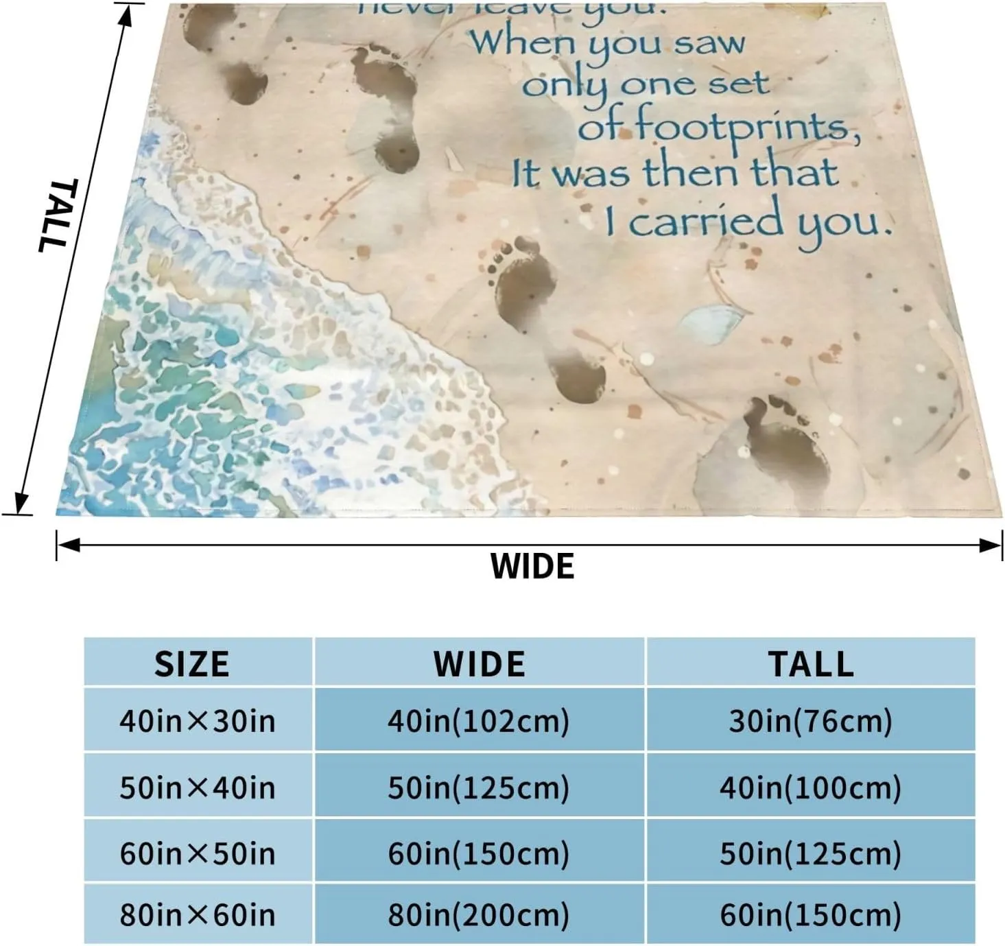 Footprints in The Sand with Quote 60"X50" Flannel Blanket - 100% Soft Polyester, Lightweight and Warm, Suitable for Families, Camping, Travel