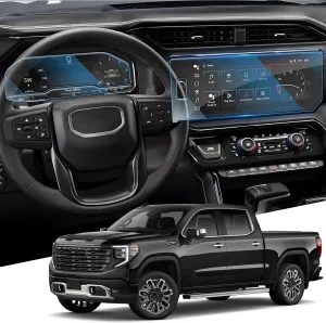 For 2022~2025 Sierra 1500& 2024~2025 Sierra 2500HD 3500HD (Buttons on the Screen) Screen Protector 13.4 Inch Glossy Tempered Glass Touchscreen *1   12.3 Inch Dashboard *1 - No More Scratch&Fingerprint