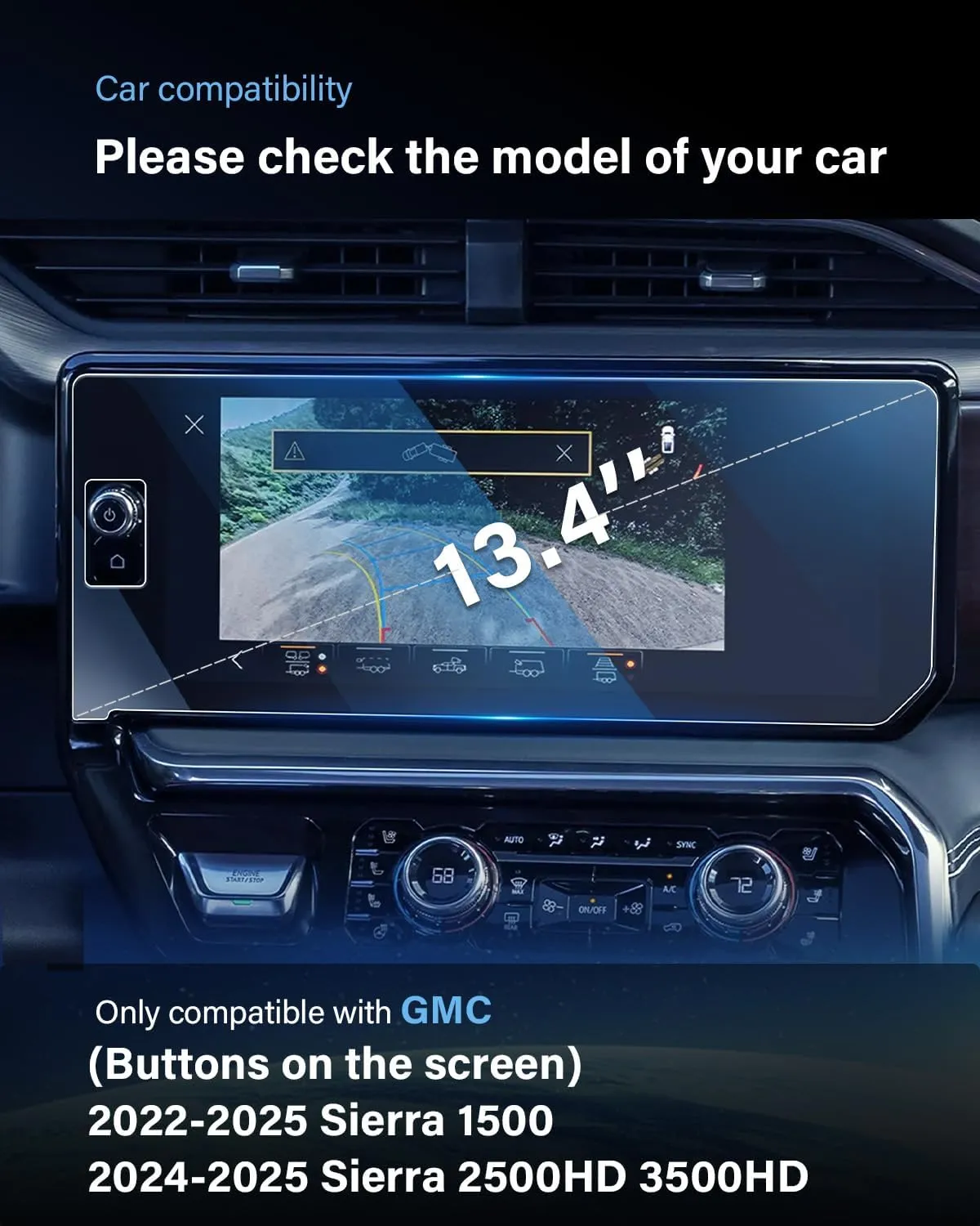 For 2022~2025 Sierra 1500& 2024~2025 Sierra 2500HD 3500HD (Buttons on the Screen) Screen Protector 13.4 Inch Glossy Tempered Glass Touchscreen *1   12.3 Inch Dashboard *1 - No More Scratch&Fingerprint