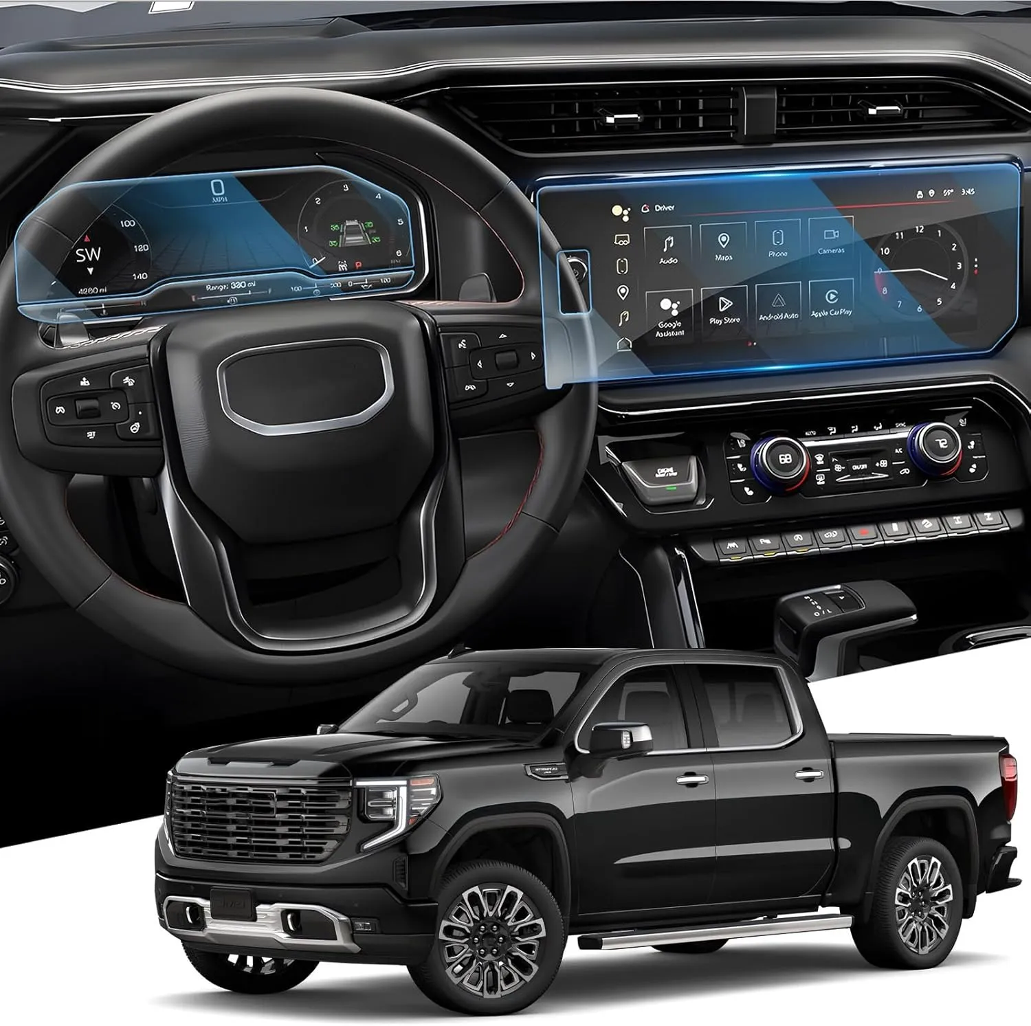 For 2022~2025 Sierra 1500& 2024~2025 Sierra 2500HD 3500HD (Buttons on the Screen) Screen Protector 13.4 Inch Glossy Tempered Glass Touchscreen *1   12.3 Inch Dashboard *1 - No More Scratch&Fingerprint
