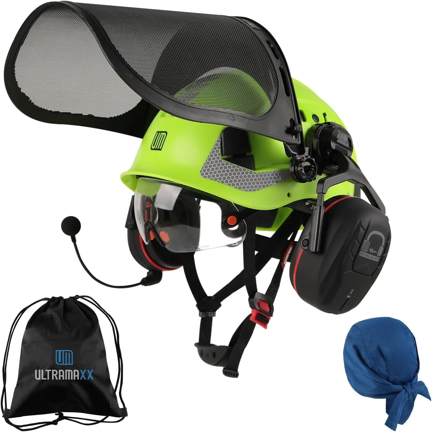 Forestry Safety Helmet with Built-in Visor, Mesh Face Shield, and Bluetooth Ear Muffs, 5 in 1 Arborist Helmet for Chainsaw, Logging, and Garden Work, ANSI Z89.1 Certified