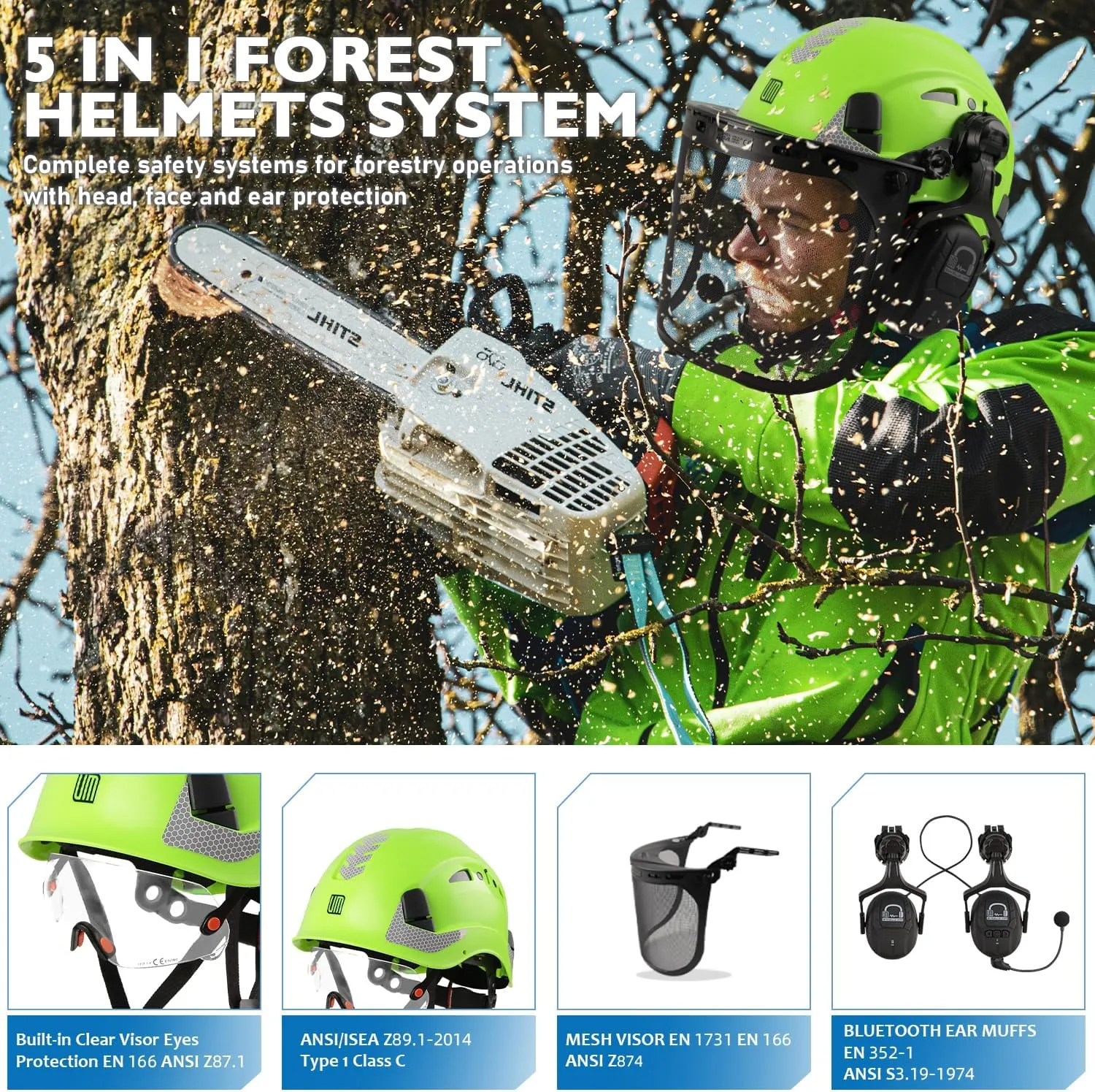 Forestry Safety Helmet with Built-in Visor, Mesh Face Shield, and Bluetooth Ear Muffs, 5 in 1 Arborist Helmet for Chainsaw, Logging, and Garden Work, ANSI Z89.1 Certified