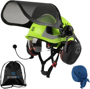 Forestry Safety Helmet with Built-in Visor, Mesh Face Shield, and Bluetooth Ear Muffs, 5 in 1 Arborist Helmet for Chainsaw, Logging, and Garden Work, ANSI Z89.1 Certified
