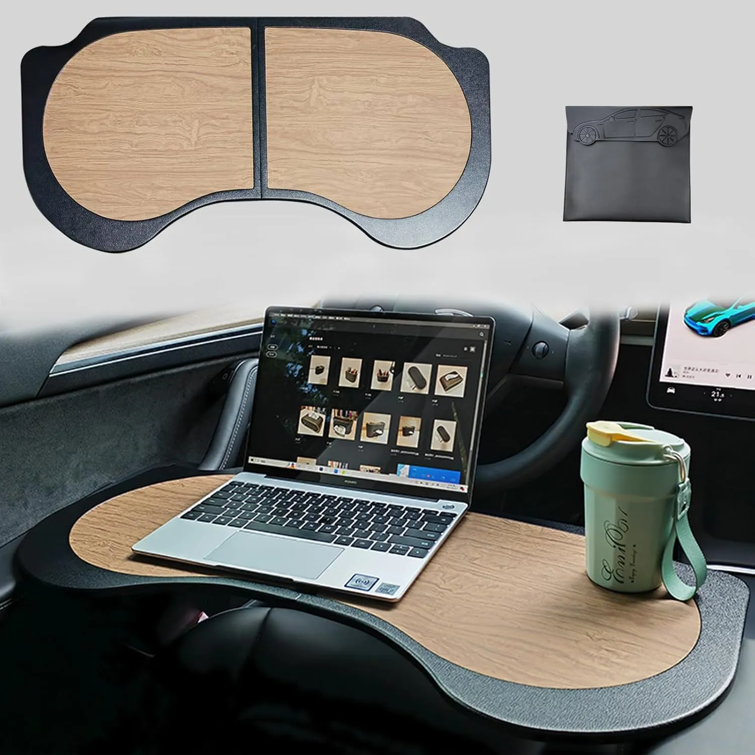 Frins Foldable Laptop Desk for Tesla Model Y Mddle 3, PU Leather Food Tray Table for Work, Study, Makeup, Travel, and Dining in car