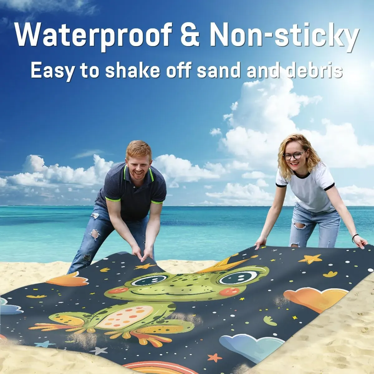 Frog Beach Blanket, Sandproof Beach Mat, 68 x 59 Waterproof Quick Drying Sand Free Mat with 4 x Ground Spikes for Outdoor Travel Camping Hiking, Rainbow Frog