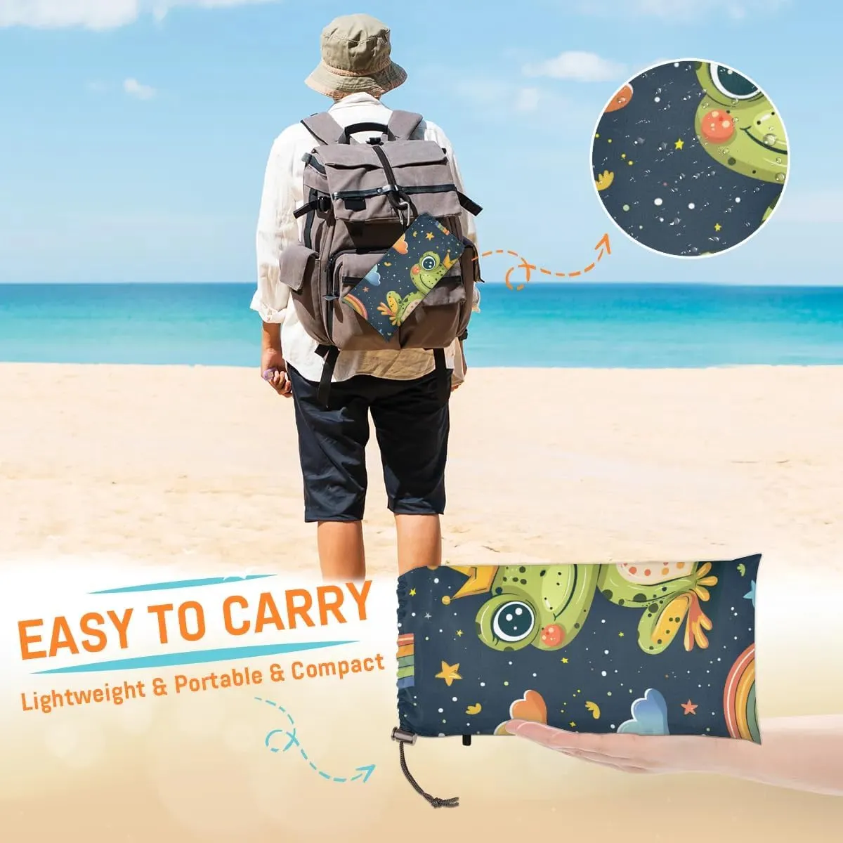 Frog Beach Blanket, Sandproof Beach Mat, 68 x 59 Waterproof Quick Drying Sand Free Mat with 4 x Ground Spikes for Outdoor Travel Camping Hiking, Rainbow Frog