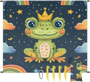 Frog Beach Blanket, Sandproof Beach Mat, 68 x 59 Waterproof Quick Drying Sand Free Mat with 4 x Ground Spikes for Outdoor Travel Camping Hiking, Rainbow Frog