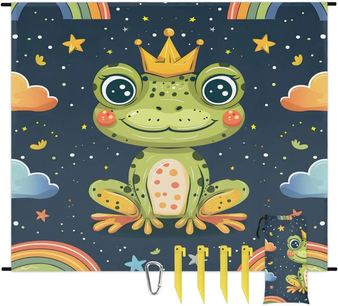 Frog Beach Blanket, Sandproof Beach Mat, 68 x 59 Waterproof Quick Drying Sand Free Mat with 4 x Ground Spikes for Outdoor Travel Camping Hiking, Rainbow Frog