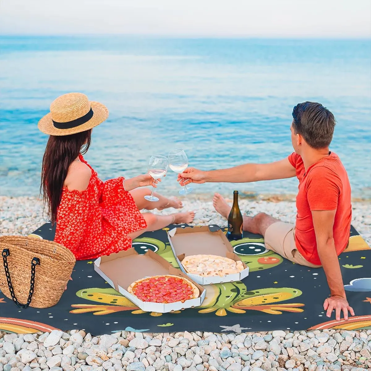 Frog Beach Blanket, Sandproof Beach Mat, 68 x 59 Waterproof Quick Drying Sand Free Mat with 4 x Ground Spikes for Outdoor Travel Camping Hiking, Rainbow Frog