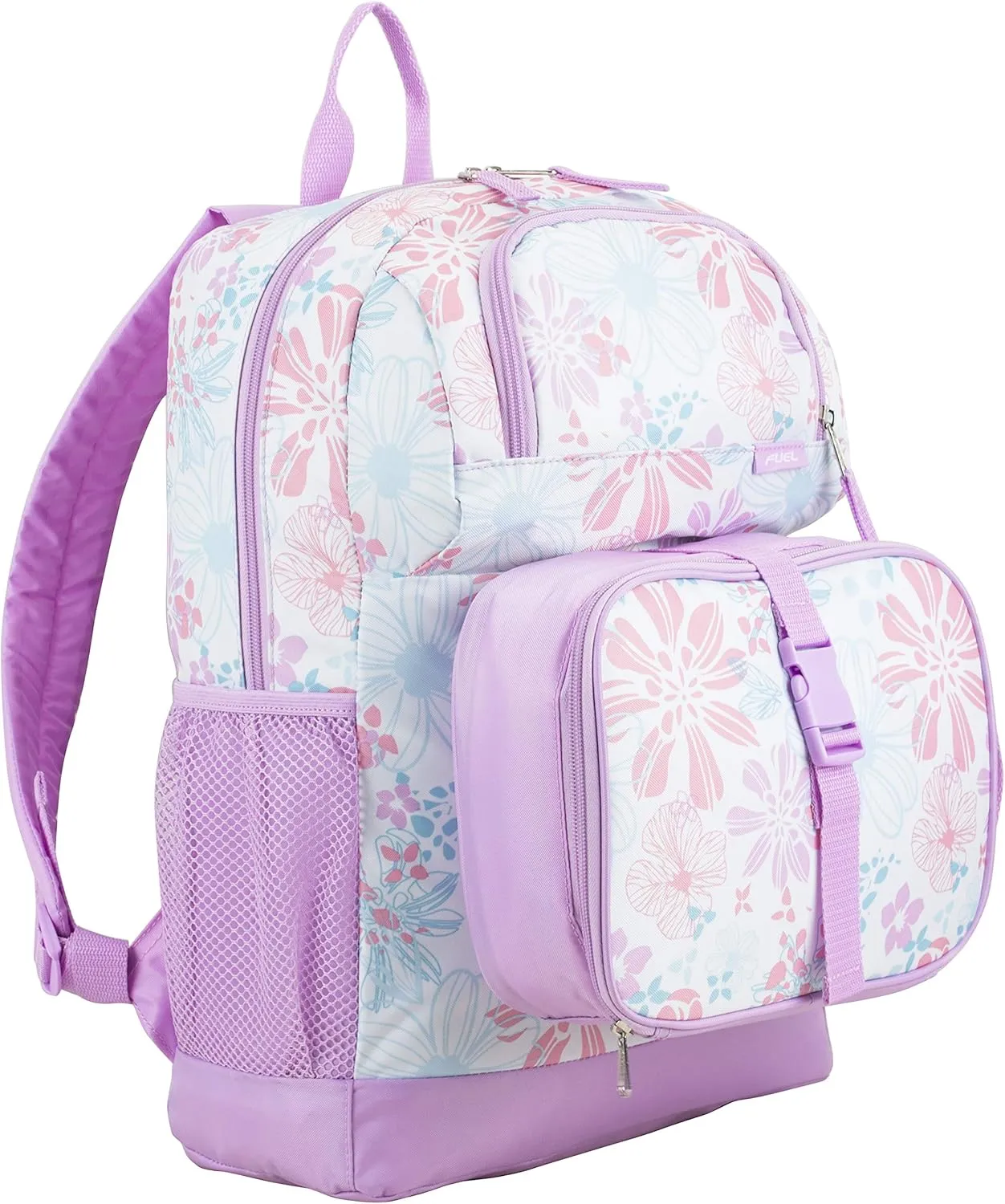FUEL 4-Piece Bundle Colorful Prints Backpack Book Bag Set Detachable Insulated Lunch Box, Pencil Case, Accessory Pouch
