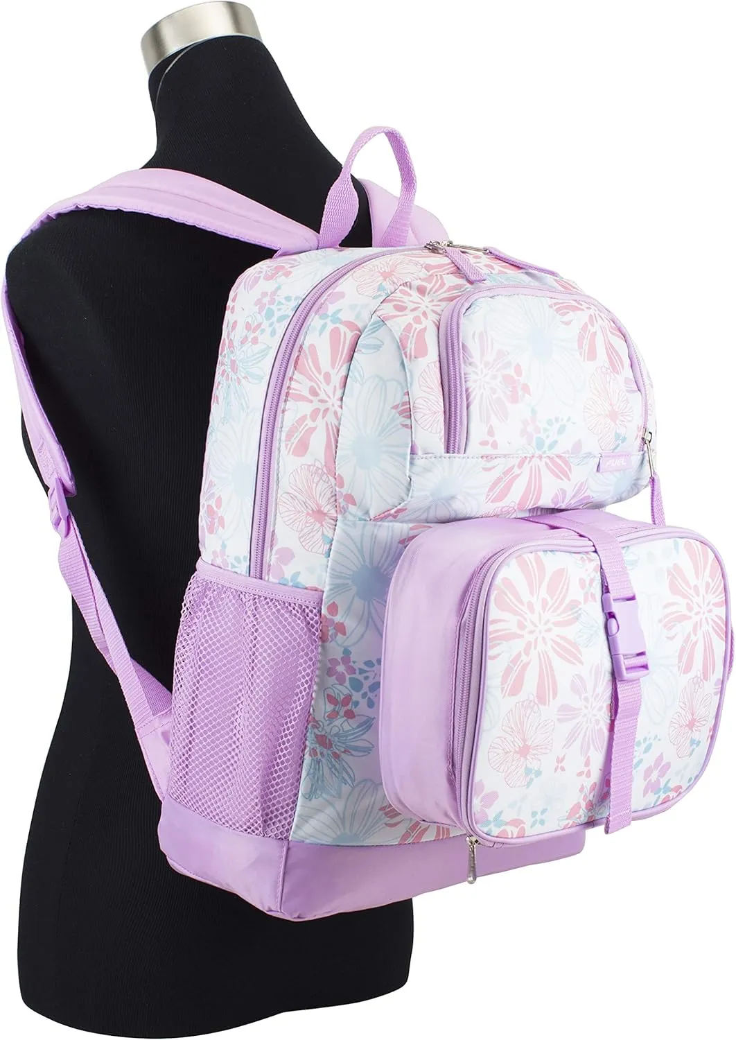 FUEL 4-Piece Bundle Colorful Prints Backpack Book Bag Set Detachable Insulated Lunch Box, Pencil Case, Accessory Pouch