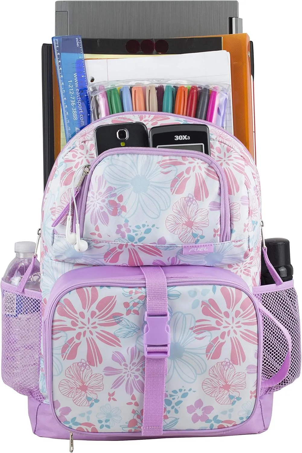 FUEL 4-Piece Bundle Colorful Prints Backpack Book Bag Set Detachable Insulated Lunch Box, Pencil Case, Accessory Pouch
