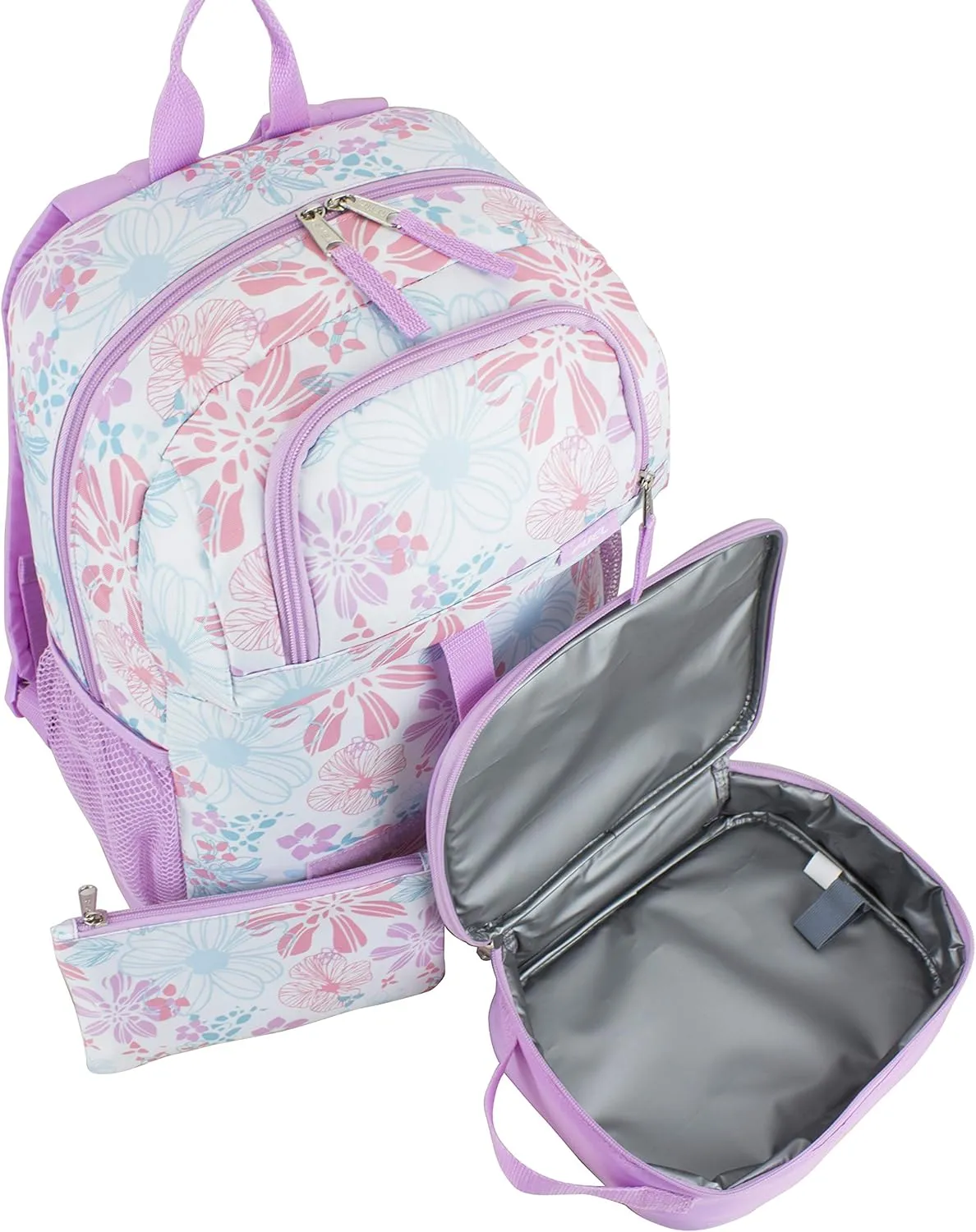 FUEL 4-Piece Bundle Colorful Prints Backpack Book Bag Set Detachable Insulated Lunch Box, Pencil Case, Accessory Pouch