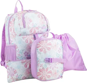 FUEL 4-Piece Bundle Colorful Prints Backpack Book Bag Set Detachable Insulated Lunch Box, Pencil Case, Accessory Pouch