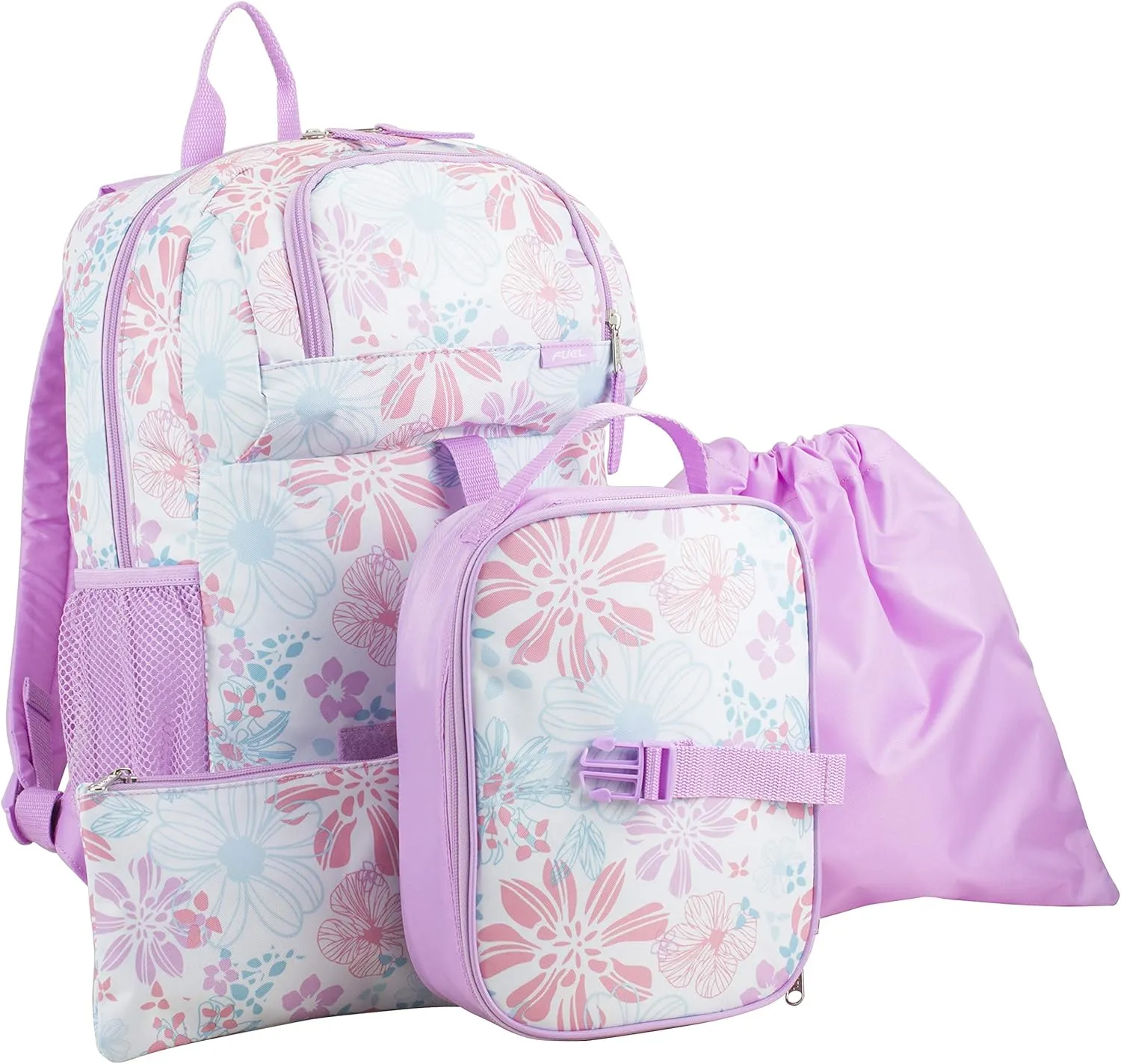 FUEL 4-Piece Bundle Colorful Prints Backpack Book Bag Set Detachable Insulated Lunch Box, Pencil Case, Accessory Pouch