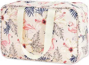 Full Size Toiletry Bag Women Large Cosmetic Bag Travel Makeup Bag Organizer Medicine Bag for Toiletries Essentials Accessories (Large, Beige Flamingo)