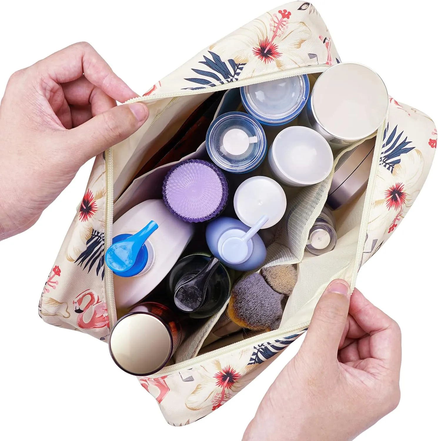 Full Size Toiletry Bag Women Large Cosmetic Bag Travel Makeup Bag Organizer Medicine Bag for Toiletries Essentials Accessories (Large, Beige Flamingo)