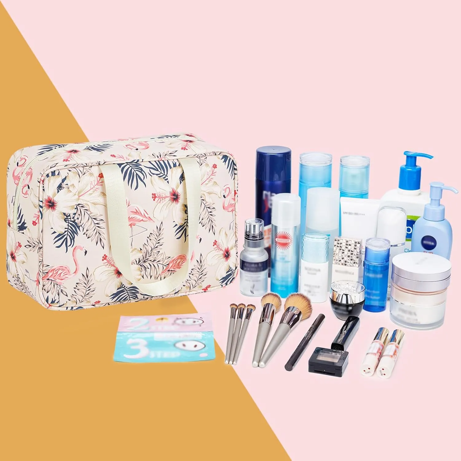 Full Size Toiletry Bag Women Large Cosmetic Bag Travel Makeup Bag Organizer Medicine Bag for Toiletries Essentials Accessories (Large, Beige Flamingo)