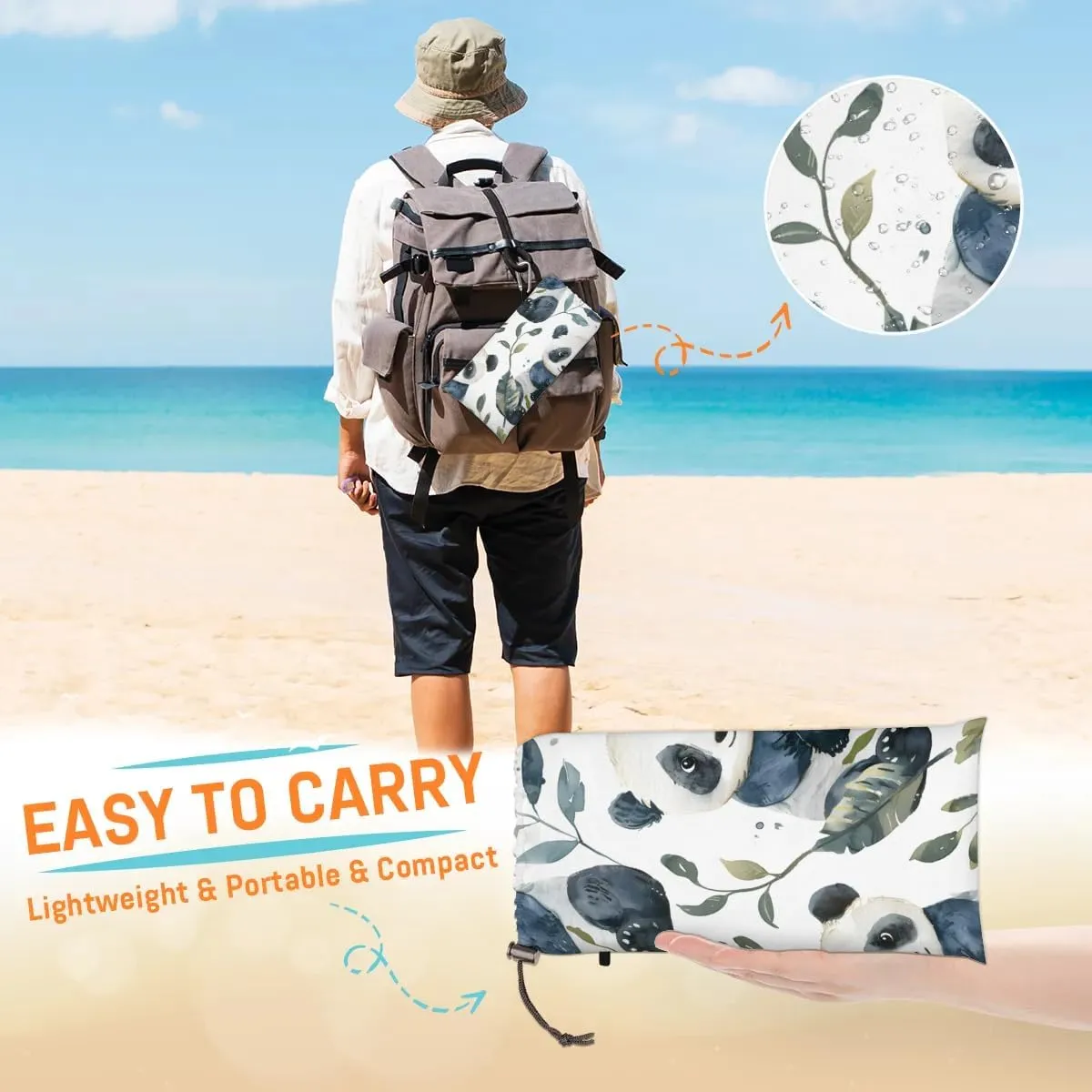 Funny Panda Beach Blanket, Sandproof Beach Mat, 68 x 59 Waterproof Quick Drying Sand Free Mat with 4 x Ground Spikes for Outdoor Travel Camping Hiking, Cute Panda