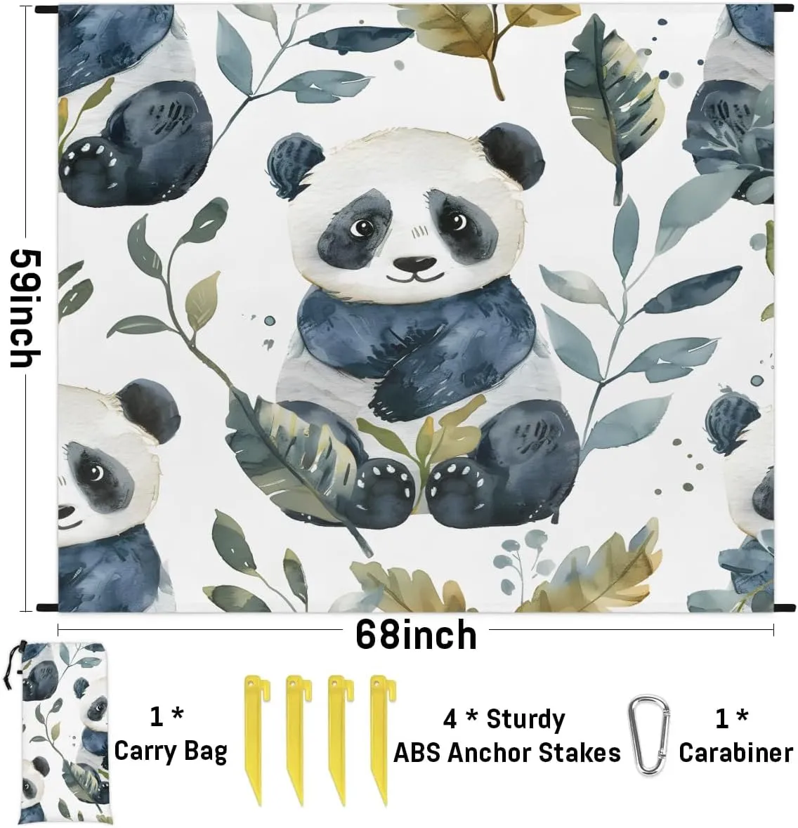 Funny Panda Beach Blanket, Sandproof Beach Mat, 68 x 59 Waterproof Quick Drying Sand Free Mat with 4 x Ground Spikes for Outdoor Travel Camping Hiking, Cute Panda
