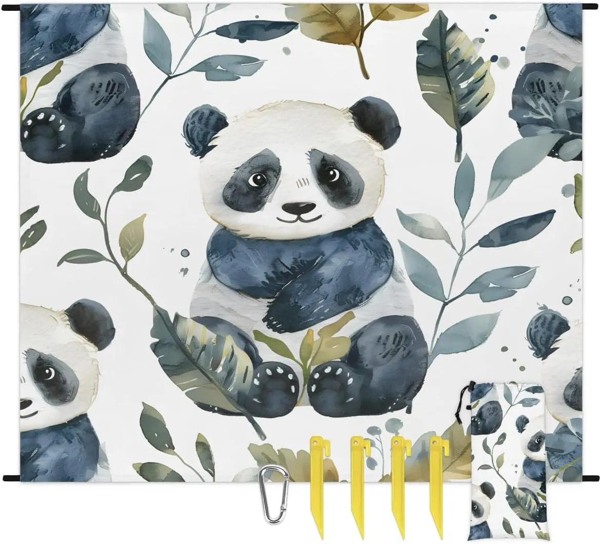 Funny Panda Beach Blanket, Sandproof Beach Mat, 68 x 59 Waterproof Quick Drying Sand Free Mat with 4 x Ground Spikes for Outdoor Travel Camping Hiking, Cute Panda