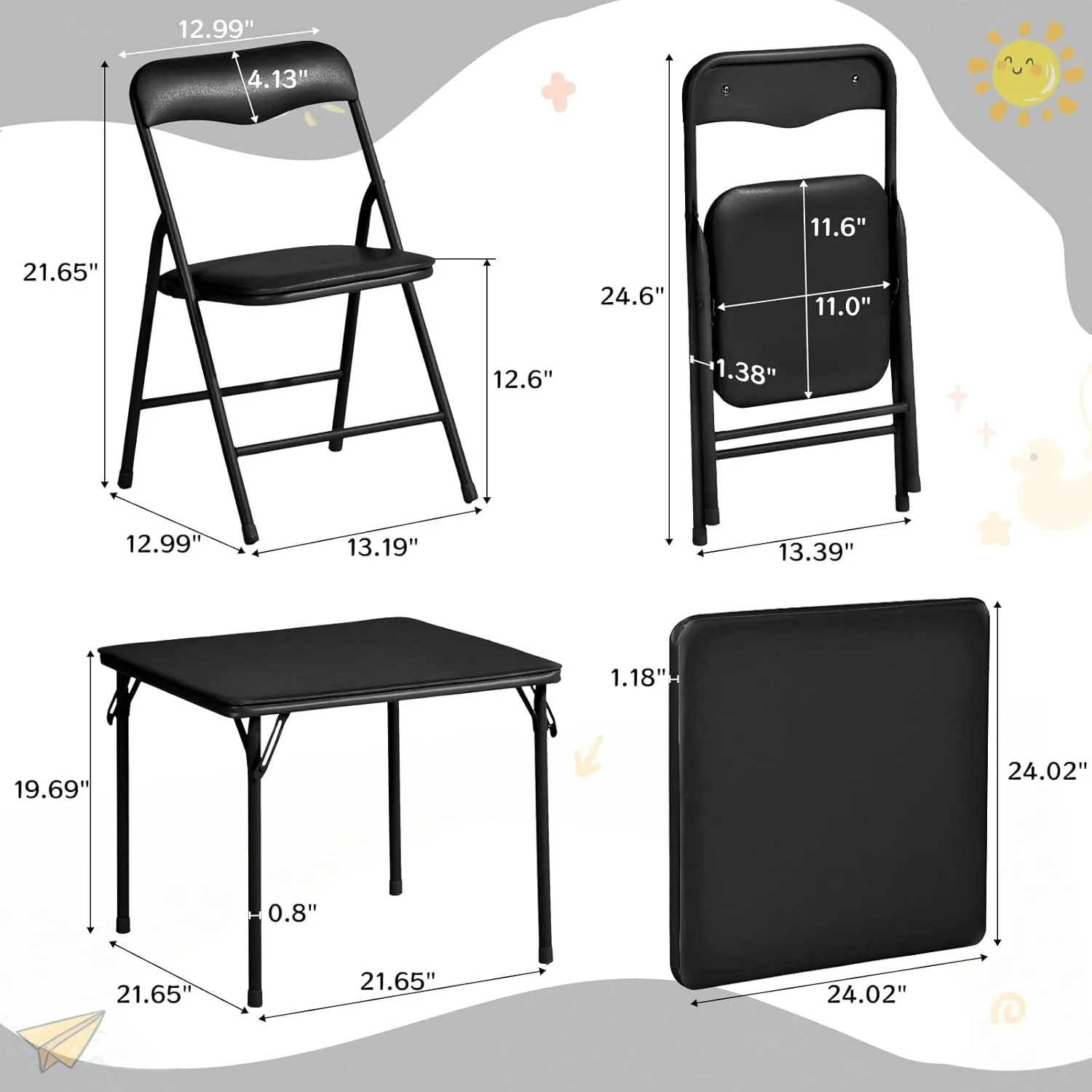 FurnitureR 5-Piece Kids Folding Table and Chairs Set, Small Foldable Square Table and 4 Chairs, PVC Padded Seats, Metal Frame, Ideal for Preschool, Activities, and Small Spaces, Black