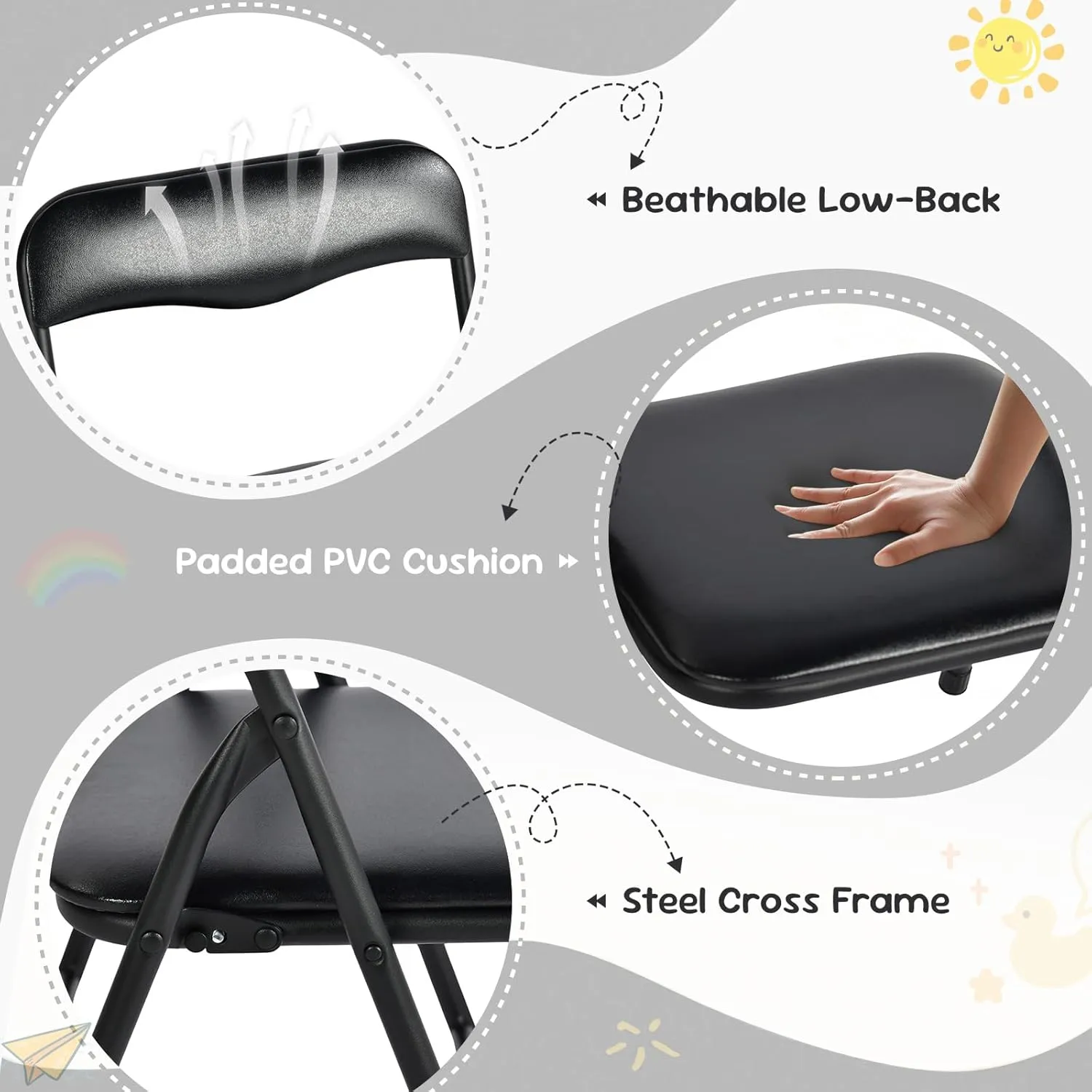 FurnitureR 5-Piece Kids Folding Table and Chairs Set, Small Foldable Square Table and 4 Chairs, PVC Padded Seats, Metal Frame, Ideal for Preschool, Activities, and Small Spaces, Black