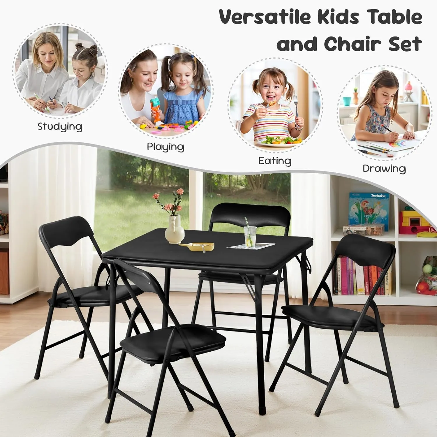FurnitureR 5-Piece Kids Folding Table and Chairs Set, Small Foldable Square Table and 4 Chairs, PVC Padded Seats, Metal Frame, Ideal for Preschool, Activities, and Small Spaces, Black