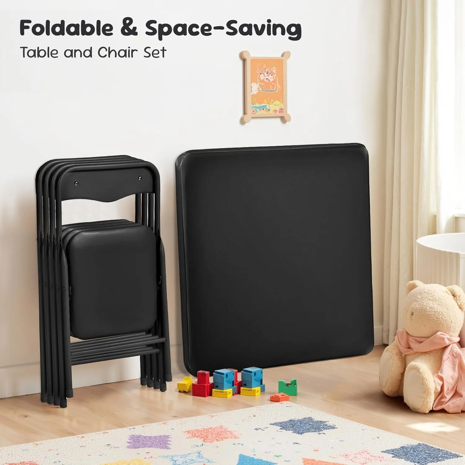 FurnitureR 5-Piece Kids Folding Table and Chairs Set, Small Foldable Square Table and 4 Chairs, PVC Padded Seats, Metal Frame, Ideal for Preschool, Activities, and Small Spaces, Black