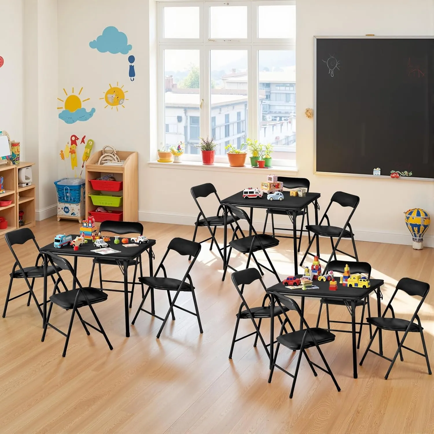 FurnitureR 5-Piece Kids Folding Table and Chairs Set, Small Foldable Square Table and 4 Chairs, PVC Padded Seats, Metal Frame, Ideal for Preschool, Activities, and Small Spaces, Black