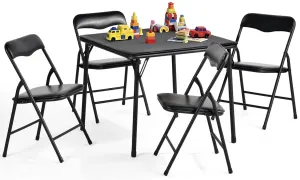 FurnitureR 5-Piece Kids Folding Table and Chairs Set, Small Foldable Square Table and 4 Chairs, PVC Padded Seats, Metal Frame, Ideal for Preschool, Activities, and Small Spaces, Black