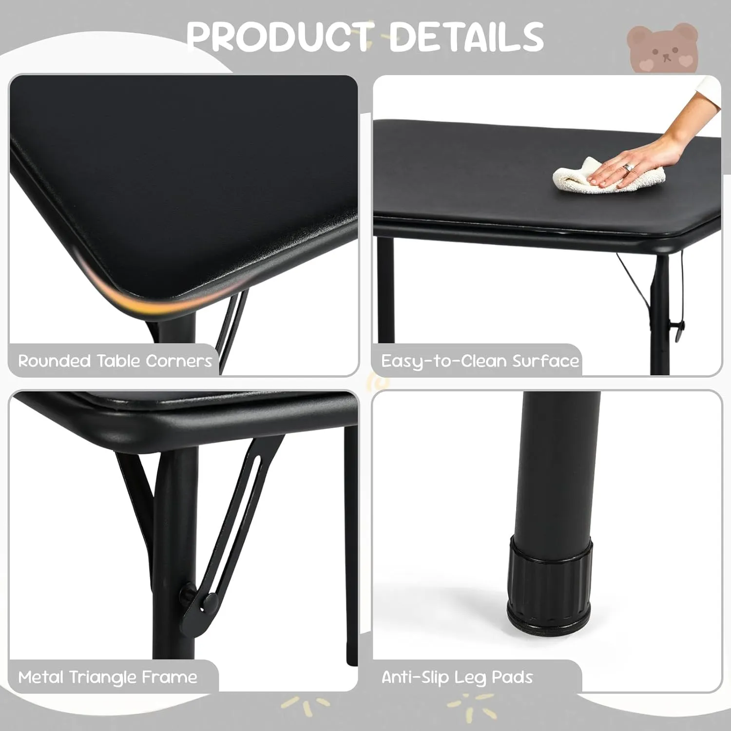 FurnitureR 5-Piece Kids Folding Table and Chairs Set, Small Foldable Square Table and 4 Chairs, PVC Padded Seats, Metal Frame, Ideal for Preschool, Activities, and Small Spaces, Black