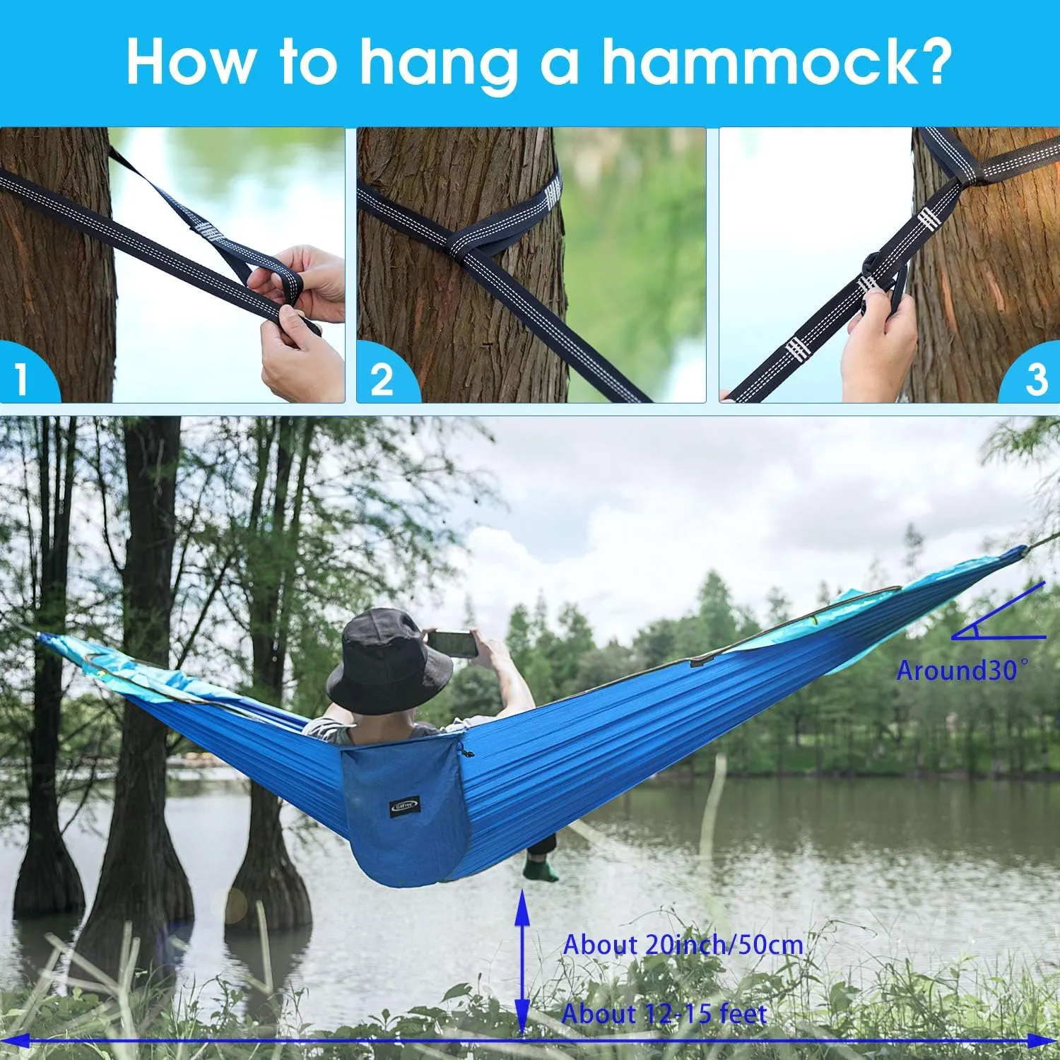 G4Free Large Camping Hammock with Mosquito Net 2 Person Pop-up Parachute Lightweight Hanging Hammocks Tree Straps Swing Bed for Outdoor Backpacking Backyard Hiking