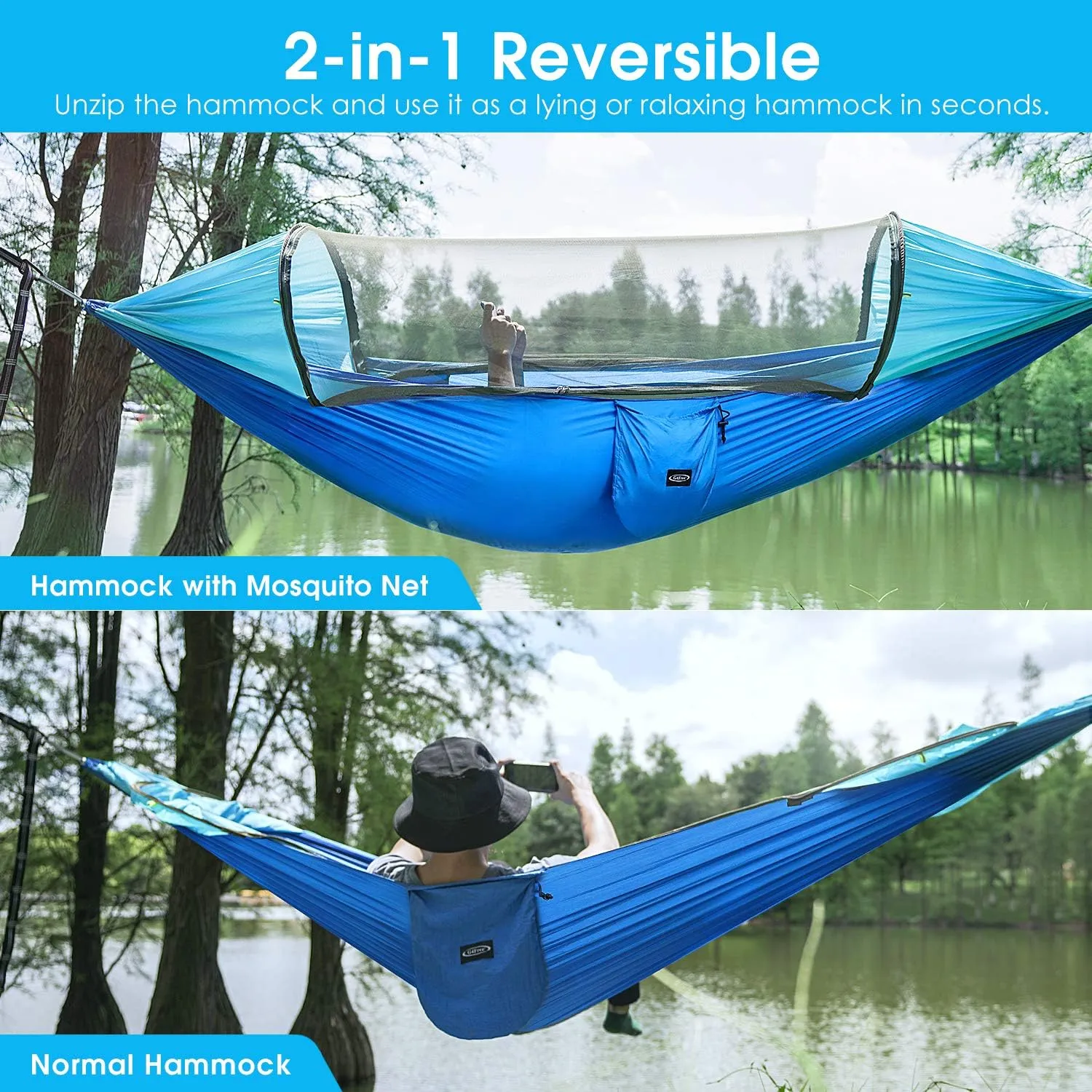 G4Free Large Camping Hammock with Mosquito Net 2 Person Pop-up Parachute Lightweight Hanging Hammocks Tree Straps Swing Bed for Outdoor Backpacking Backyard Hiking