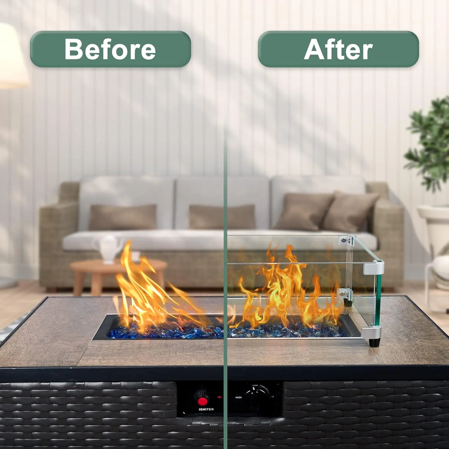 GASPRO 29 x 13 Inch Glass Wind Guard for Rectangular Fire Pit Table, Thick and Sturdy Tempered Glass Panel with Hard Aluminum Corner Bracket & Rubber Feet, Easy to Assemble