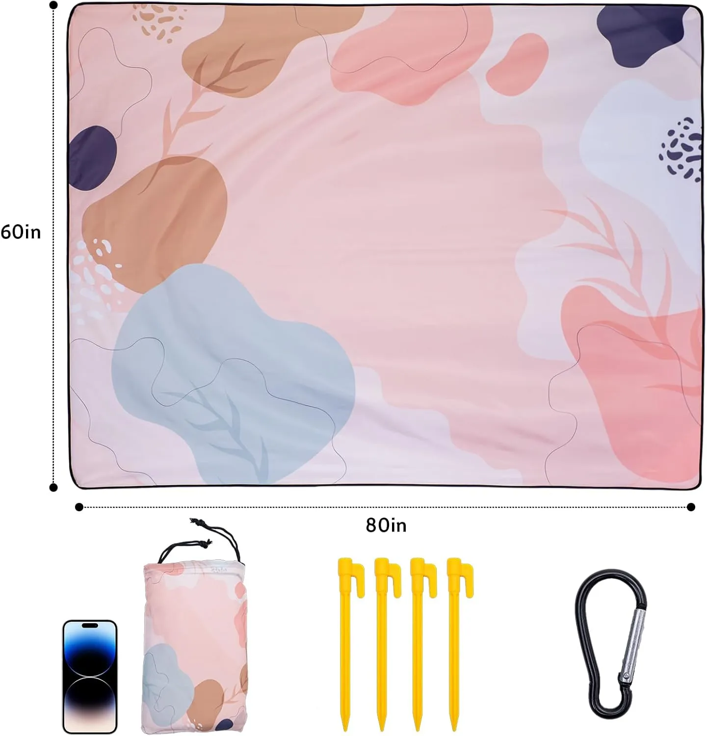Gealaek Pink Abstract Waterproof Sandproof Picnic Beach Blanket, 87x71 Inches, Queen Size, 100% Polyester, Foldable, Camping, Travel, Hiking, Beach
