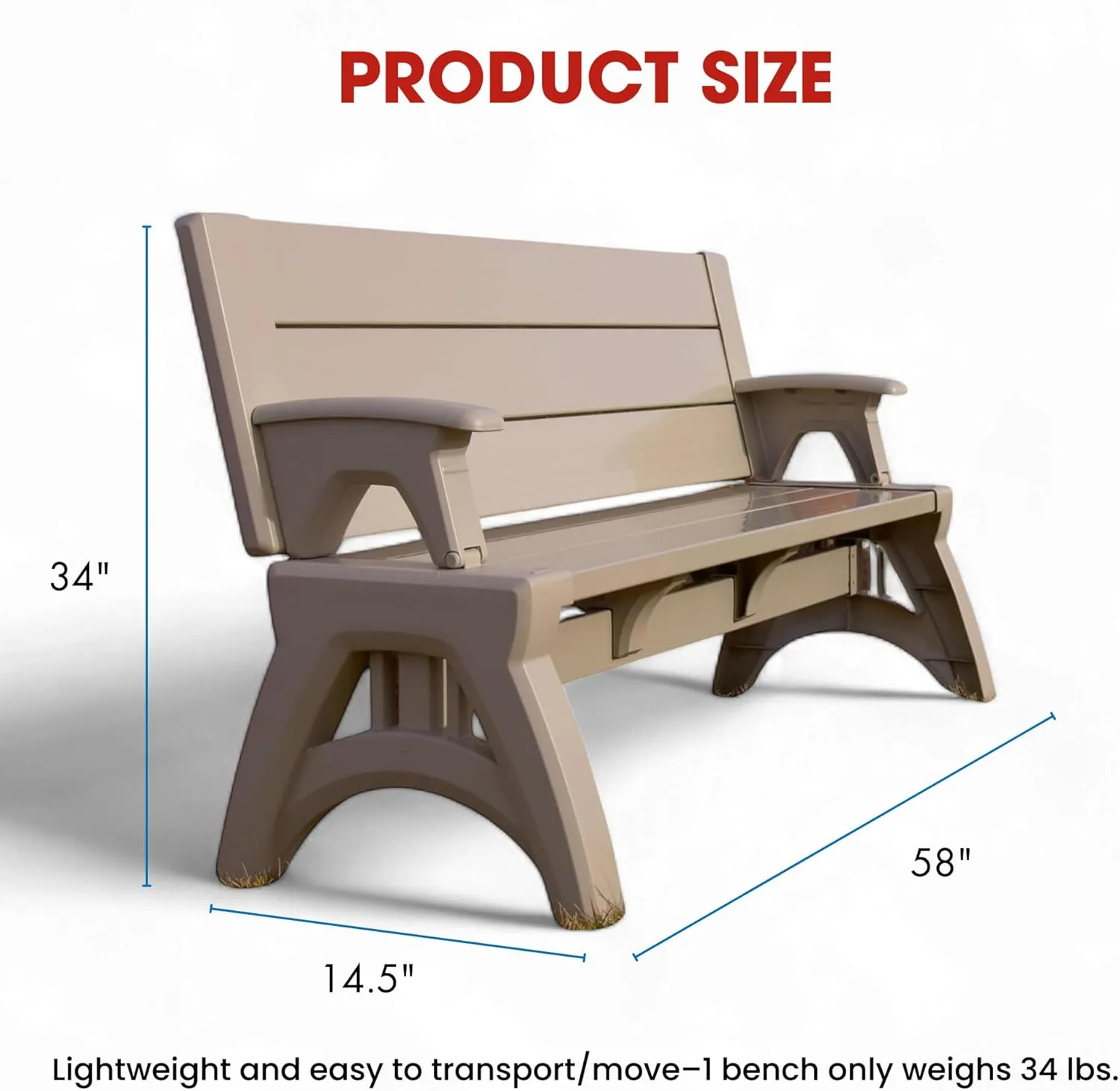 Gen 2 2-in-1 Outdoor Convertible Bench to Picnic Table | Space-Saving, Weather-Resistant Patio Furniture for Yard, Deck, Garden | Easy Assembly & Durable Design - Adobe