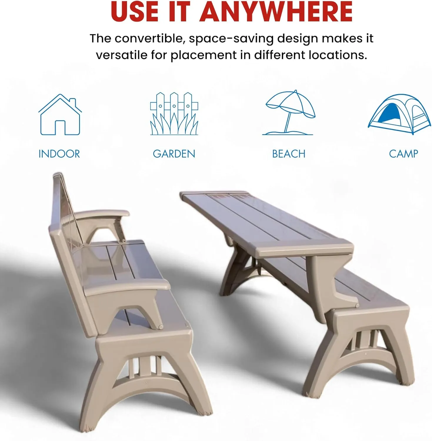 Gen 2 2-in-1 Outdoor Convertible Bench to Picnic Table | Space-Saving, Weather-Resistant Patio Furniture for Yard, Deck, Garden | Easy Assembly & Durable Design - Adobe