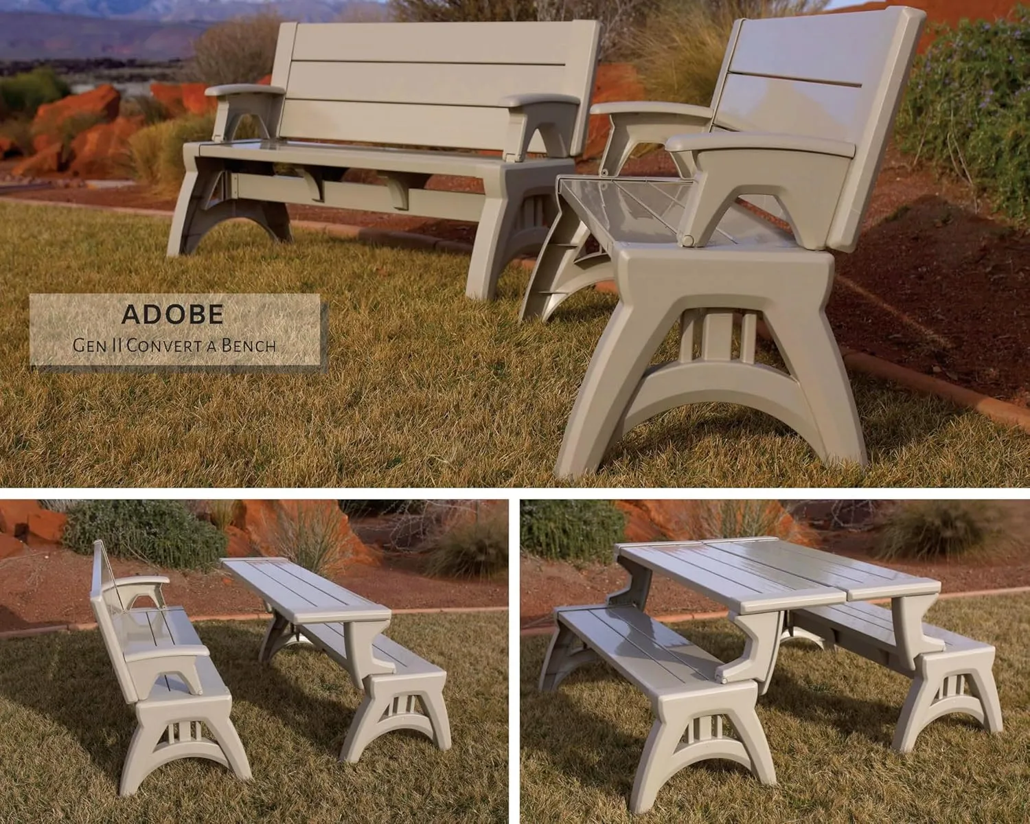 Gen 2 2-in-1 Outdoor Convertible Bench to Picnic Table | Space-Saving, Weather-Resistant Patio Furniture for Yard, Deck, Garden | Easy Assembly & Durable Design - Adobe