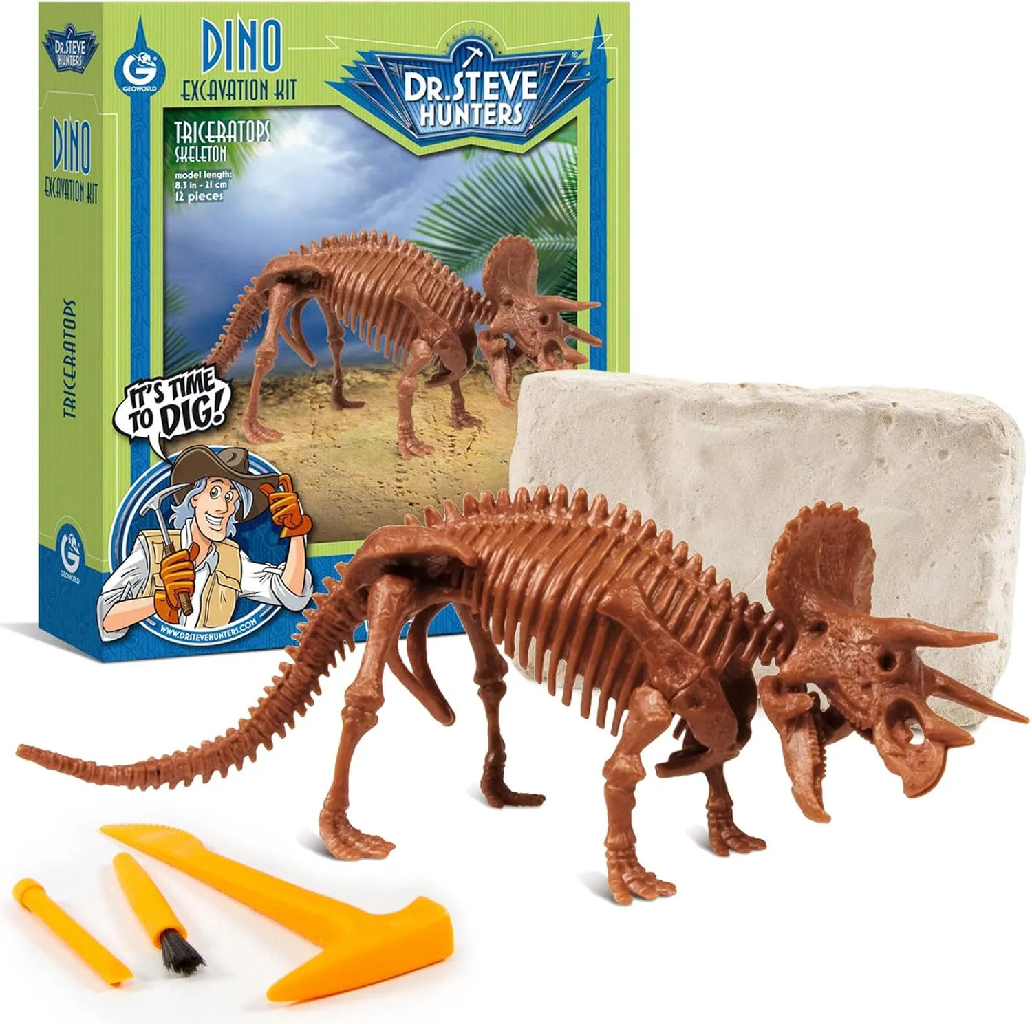 Geoworld Triceratops Dino Dig Kit – Assemble an 8-Inch Authentic Dinosaur Skeleton Model – Ultimate STEM Learning Experience for Kids Ages 6 